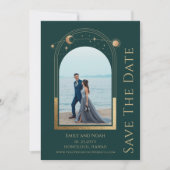 Mystical Green Gold Sun Moon Stars Space Save The Date (Vorderseite)