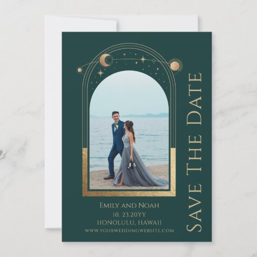 Mystical Green Gold Sun Moon Stars Space Save The Date (Vorderseite)