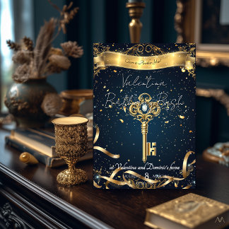 Mystical Key Geburtstag | Elegant Gold & Navy Einladung