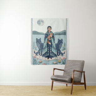 Mystical Lake Guardian Kunstprint - Volkskunst Fra Wandteppich