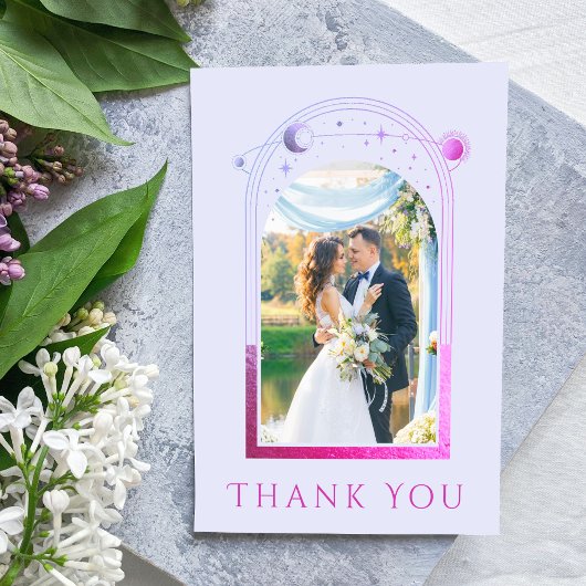 Mystical Lavender Pink Sun Moon Star Foto Wedding Dankeskarte
