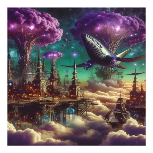 Mystical Lila Futuristic Fantasy City Fotodruck (Vorne)