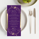 Mystical Lila Gold Sun Moon Stars Hochzeit Menükarte<br><div class="desc">Mystische Lila Gold Sun Moon Stars Astronomie Celestial Galaxy Cosmic Wedding Cards mit Sonne, Mond und Sternen mit einem goldenen Rahmen auf einem lila Hintergrund mit Ihren Menüdetails in der Mitte in modernen Gold-Kalligraphie-Skript. Personalisieren Sie den Text durch Bearbeiten in den bereitgestellten Textfeldern. Für Sie entworfen von Evco Studio www.zazzle.com/store/evcostudio...</div>