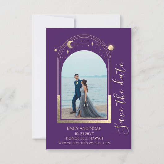 Mystical Lila Gold Sun Moon Stars Space Save The Date (Vorderseite)