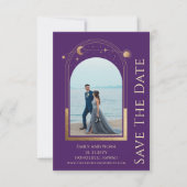 Mystical Lila Gold Sun Moon Stars Space Save The Date (Vorderseite)