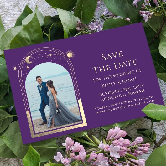 Mystical Lila Gold Sun Moon Stars Space Save The Date