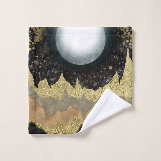 Mystical Moon Gold Mountains Landschaft Modernes G Badhandtuch Set (Waschlappen)