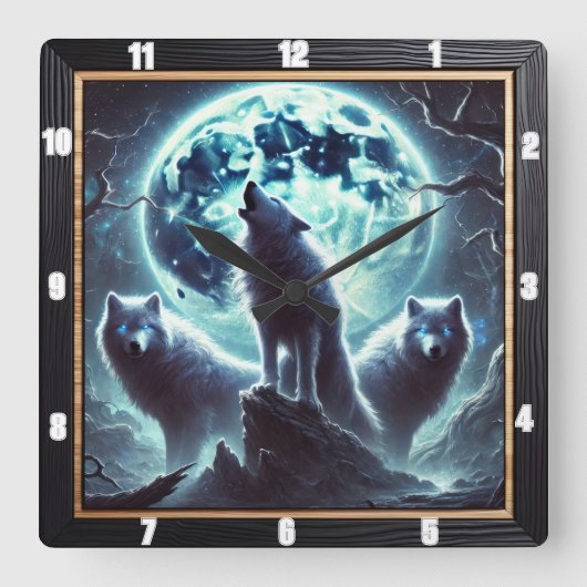 Mystical Moon Wolf Clock Quadratische Wanduhr (Vorderseite)