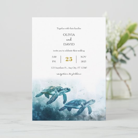 Mystical Moonlight Blue Sea Turtle Liebe Hochzeit Einladung (Stehend Vorderseite)