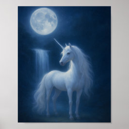 Mystical Moonlight Unicorn & Waterfall Fantasy Art Poster