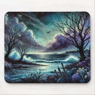 Mystical Moonlit Seascape mit Wellen und Bäumen Mousepad
