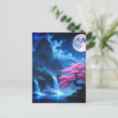 Mystical Moonlit Waterfall with Cherry -nature Postkarte (Stehend Vorderseite)
