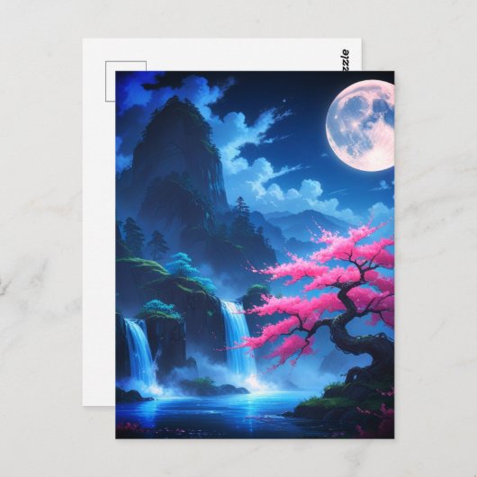 Mystical Moonlit Waterfall with Cherry -nature Postkarte (Vorne/Hinten)