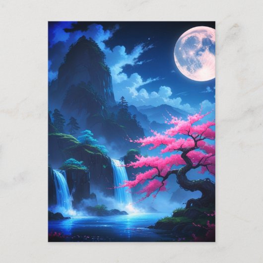 Mystical Moonlit Waterfall with Cherry -nature Postkarte (Vorderseite)