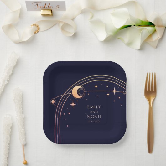 Mystical Navy Blue Sun Moon Astronomie Space Pappteller (Hochzeit)