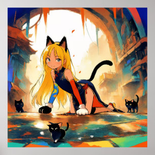 Mystical Neko Girl & Kittens Anime Poster
