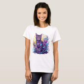 Mystical Neon Cat Lotus Art T-Shirt (Vorne ganz)
