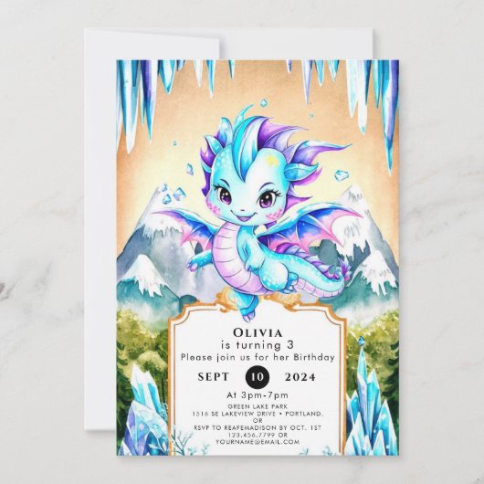 Mystical Niedlich Ice Dragon Geburtstag Einladung (Vorderseite)