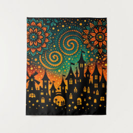 Mystical Night Castle Silhouette Wandteppich