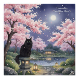 Mystical Night Sakura: Black Cat in Moonlit Japan Poster