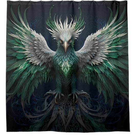 Mystical Phoenix Bird in Green und Blues Duschvorhang (Vorderseite)