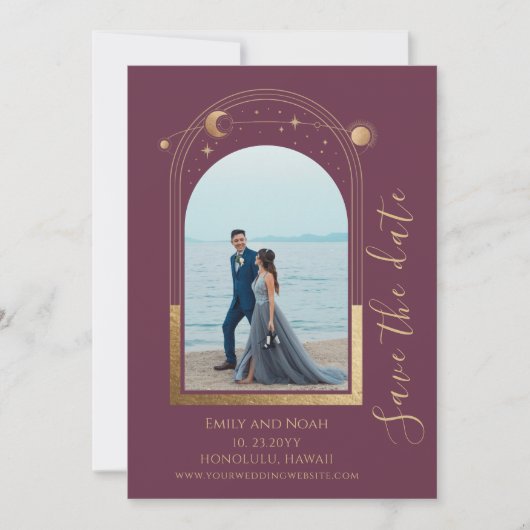 Mystical Plum Gold Sun Moon Stars Space Save The Date (Vorderseite)