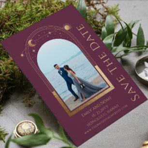 Mystical Plum Gold Sun Moon Stars Space Save The Date