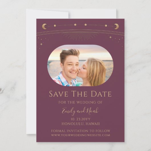 Mystical Plum Gold Sun Moon Stars Space Save The Date (Vorderseite)