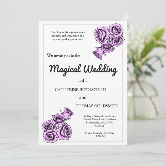 Mystical Purple Rose Wedding Invitation Einladung (Stehend Vorderseite)