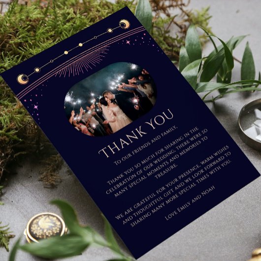 Mystical Rainbow Blue Sun Moon Star Foto Wedding Dankeskarte