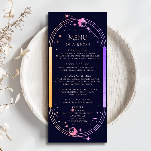 Mystical Rainbow Blue Sun Moon Stars Wedding Menükarte