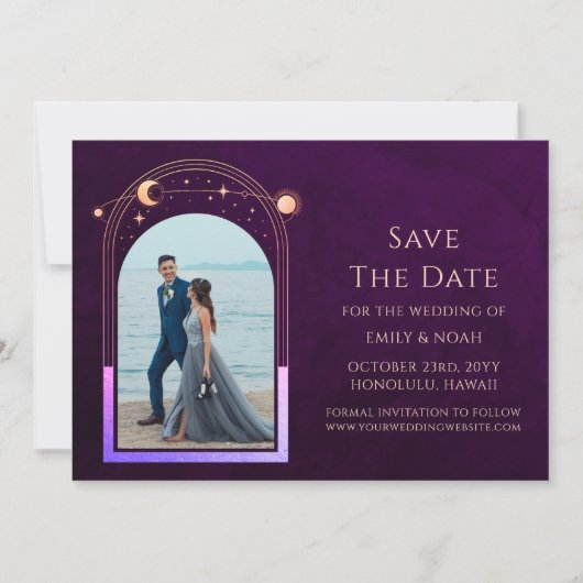 Mystical Rainbow Deep Plum Sun Moon Star Space Save The Date (Vorderseite)