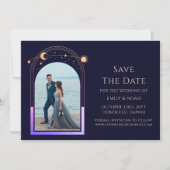 Mystical Rainbow Navy Blue Sun Moon Star Space Save The Date (Vorderseite)