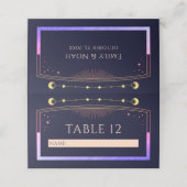 Mystical Rainbow Navy Blue Sun Moon Stars Hochzeit Platzkarte (Außenseite Aufgefaltet)