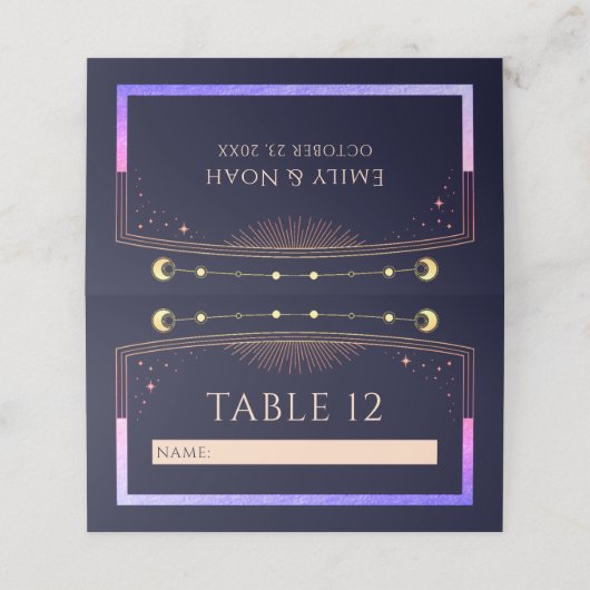 Mystical Rainbow Navy Blue Sun Moon Stars Hochzeit Platzkarte (Außenseite Aufgefaltet)