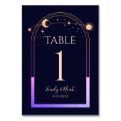 Mystical Rainbow Navy Blue Sun Moon Stars Hochzeit Tischnummer (Rückseite)