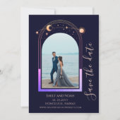 Mystical Rainbow Navy Blue Sun Moon Stars Space Save The Date (Vorderseite)
