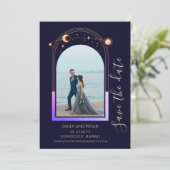Mystical Rainbow Navy Blue Sun Moon Stars Space Save The Date (Stehend Vorderseite)