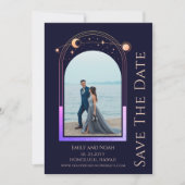 Mystical Rainbow Navy Blue Sun Moon Stars Space Save The Date (Vorderseite)