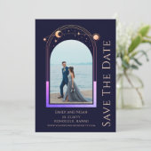 Mystical Rainbow Navy Blue Sun Moon Stars Space Save The Date (Stehend Vorderseite)
