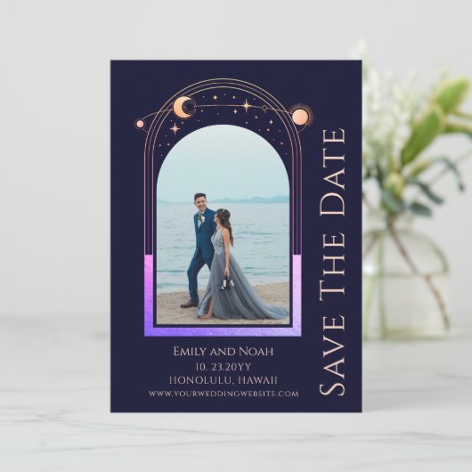 Mystical Rainbow Navy Blue Sun Moon Stars Space Save The Date (Stehend Vorderseite)