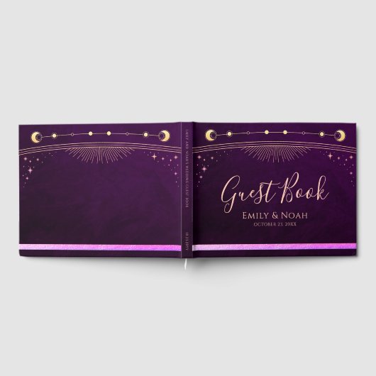 Mystical Rainbow Plum Sun Moon Stars Wedding Gästebuch (Voll)