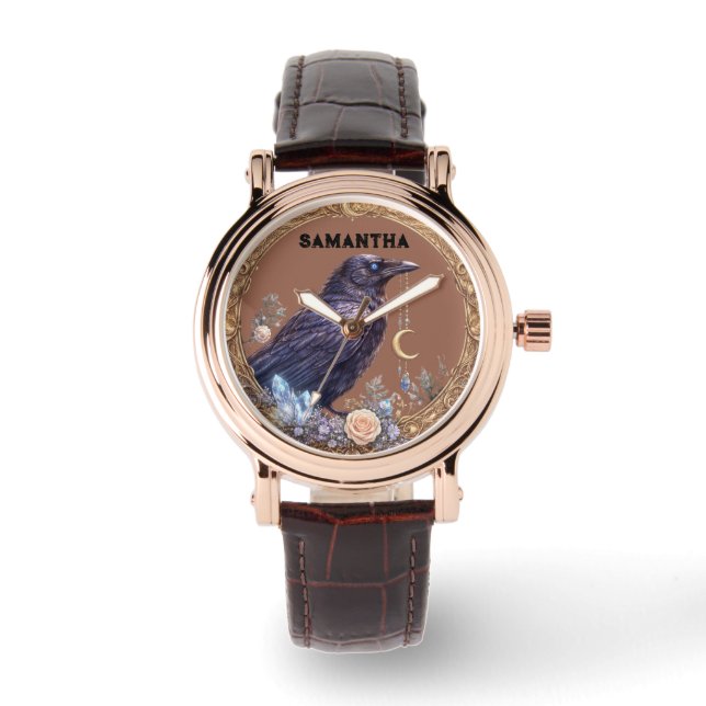 Mystical Raven Unisex Custom Name Armbanduhr (Vorderseite)