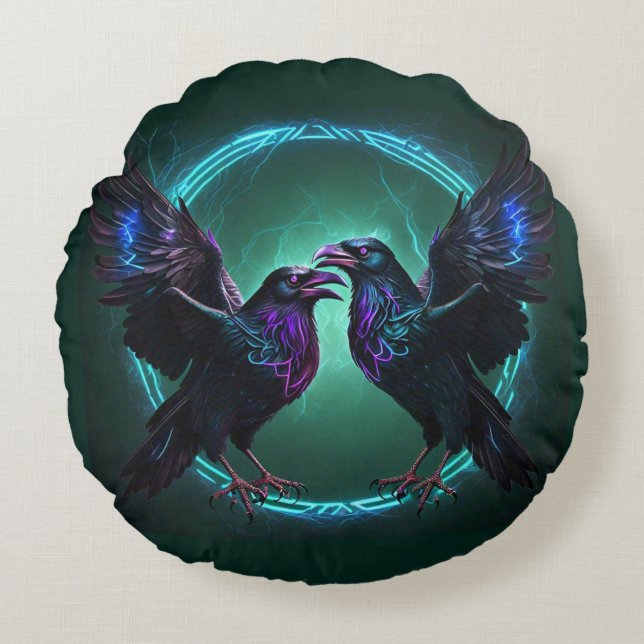 Mystical Ravens Dark Green Rundes Kissen (Vorderseite)