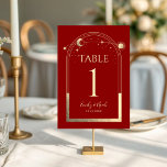 Mystical Red Gold Sun Moon Stars Celestiding Weddi Tischnummer<br><div class="desc">Mystical Dark Red Gold Sun Moon Stars Astronomie Hochzeitsfeiern Tischnummern zeichnen sich durch eine goldene Sonne, Mond und Sterne aus. Im Inneren finden Sie Ihre persönlichen Informationen zur Hochzeitseinladung. Personalisieren Sie den Text in den Textfeldern, indem Sie ihn bearbeiten. HINWEIS: Bitte passen Sie die Tischnummern einzeln an und fügen Sie...</div>