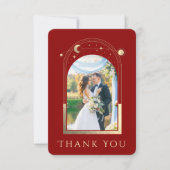 Mystical Red Gold Sun Moon Stars Foto Hochzeit Dankeskarte (Vorderseite)