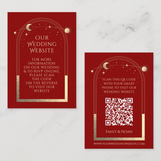 Mystical Red Gold Wedding Website UAWG QR Code Begleitkarte (Vorne/Hinten)