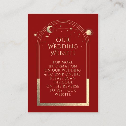 Mystical Red Gold Wedding Website UAWG QR Code Begleitkarte (Vorderseite)