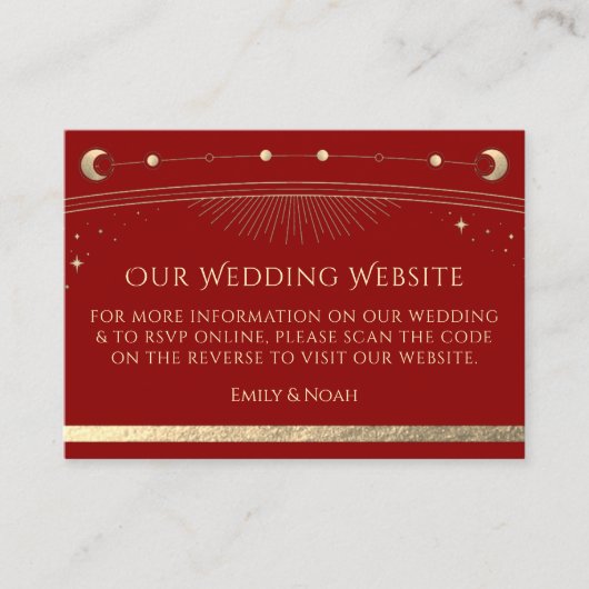 Mystical Red Gold Wedding Website UAWG QR Code Begleitkarte (Vorderseite)