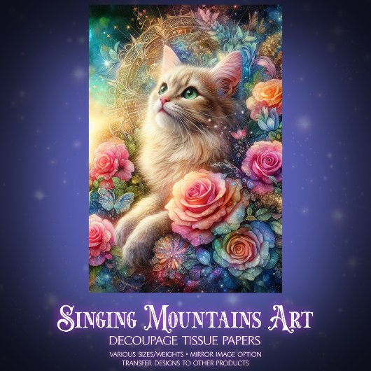 Mystical Rose Garden Cat Decoupage Seidenpapier